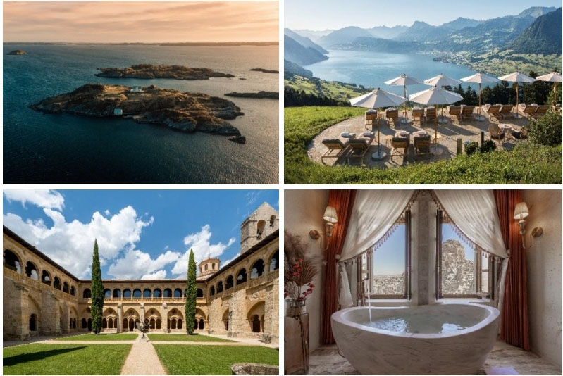 圖注（自左至右順時針）：利勒島·林登貝格酒店,霍尼格別墅,卡帕多奇亞維亞瑞吉亞酒店,卡斯蒂利亞瓦爾布埃納修道院溫泉酒店